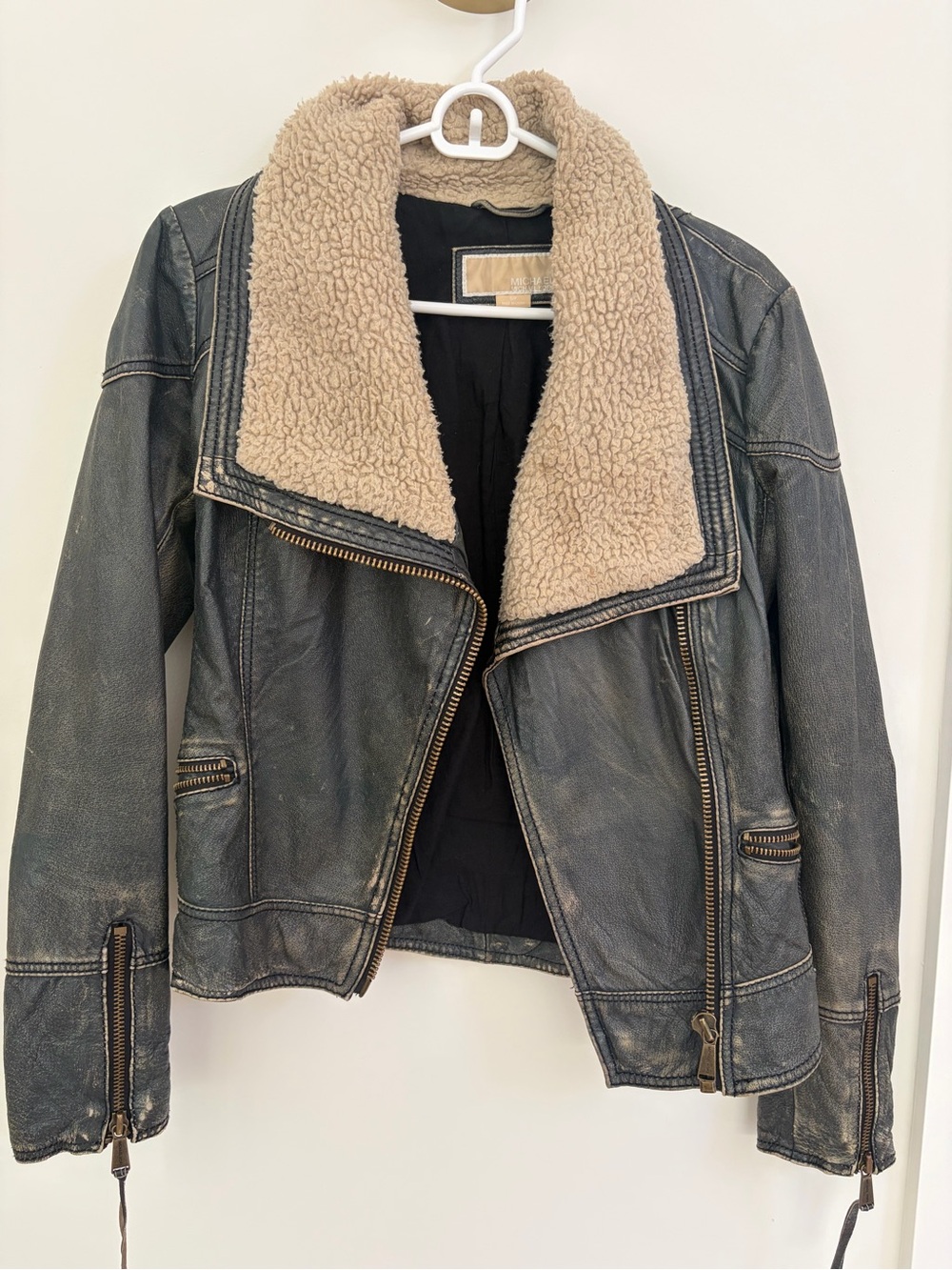 Michael Kors Black Leather Jacket with Cream Sherpa Collar